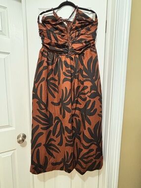 Strapless Maxi Dress in Brown with Black Leaf Print